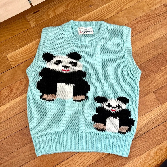 Vintage Currants Hand Knit Panda Bear Sleeveless Sweater Vest Top Size Small - Picture 4 of 6